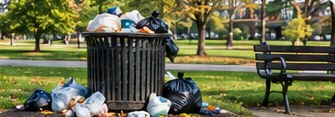 Overflowing public litter bin in a park